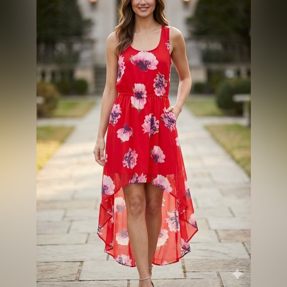 Olsenboye Dresses & Skirts - Olsenboye Red Floral High Low Dress